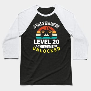 20 Years Of Being Awesome Level 20 Achievement Unlocked Birthday Gamer Son Brother Baseball T-Shirt